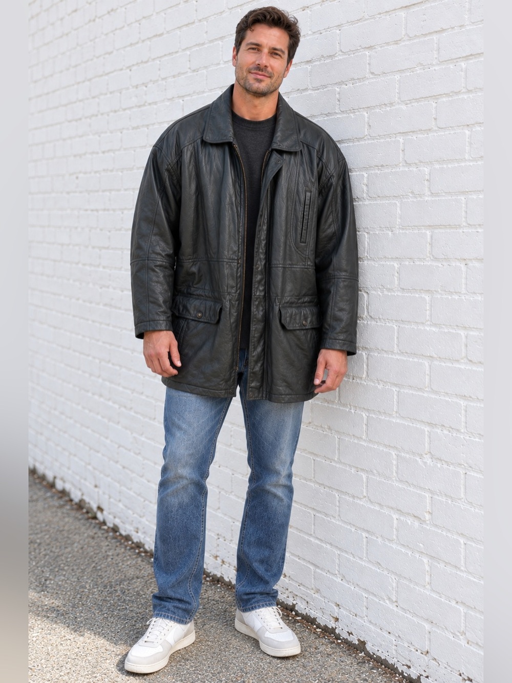 Vintage Black Leather fall Winter Jacket Coat Mens size XL 1990s grunge slouchy - Picture 2 of 16